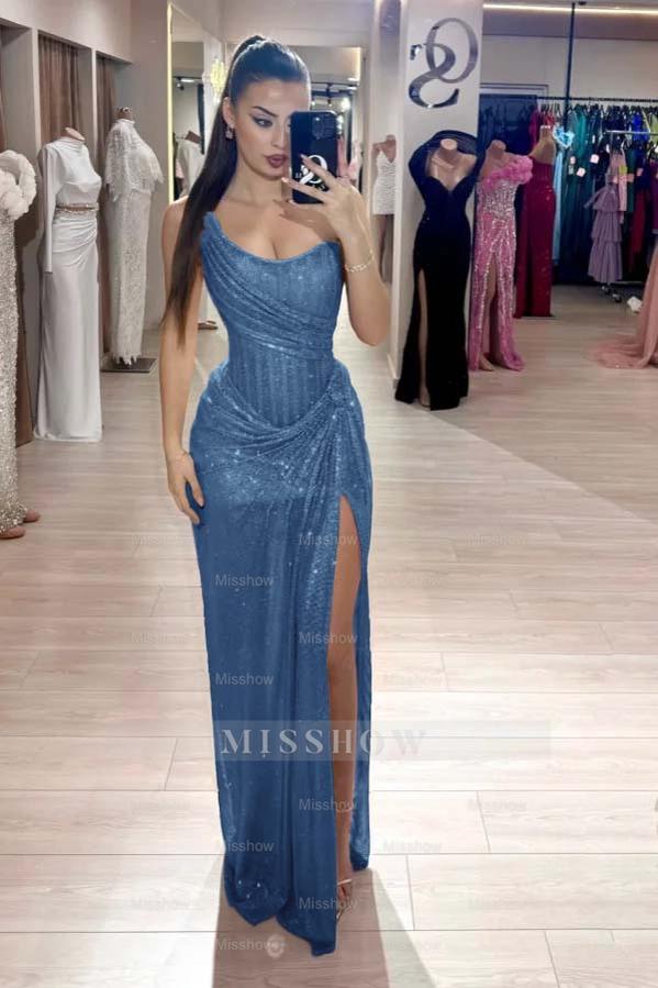 Dusty blue sweetheart rhinestone fit-and-flare evening dress