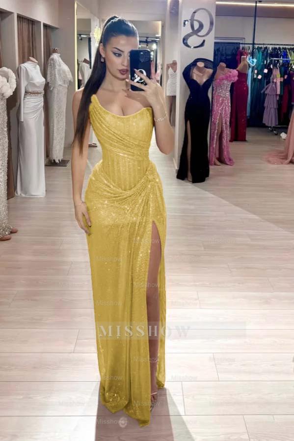 Yellow sweetheart rhinestone fit-and-flare evening dress