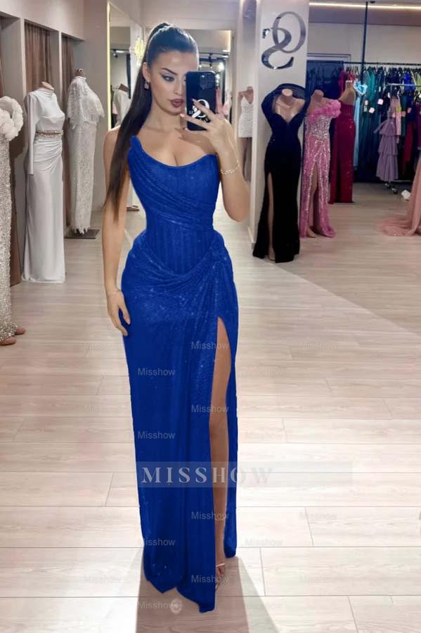 Royal blue sweetheart rhinestone fit-and-flare evening dress