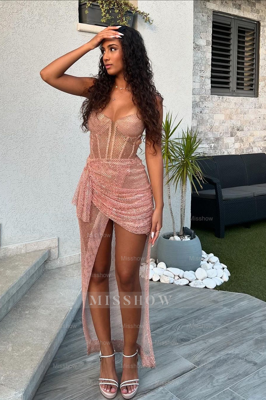 Pink Sweetheart Sleeveless Sequined Mermaid Pleated Floor Length Formal Evening Dress