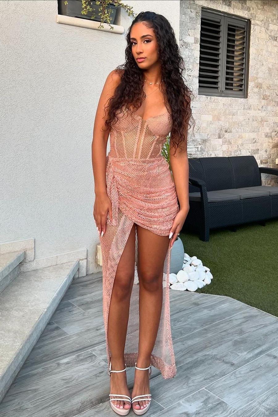 Pink Sweetheart Sleeveless Sequined Mermaid Pleated Floor Length Formal Evening Dress