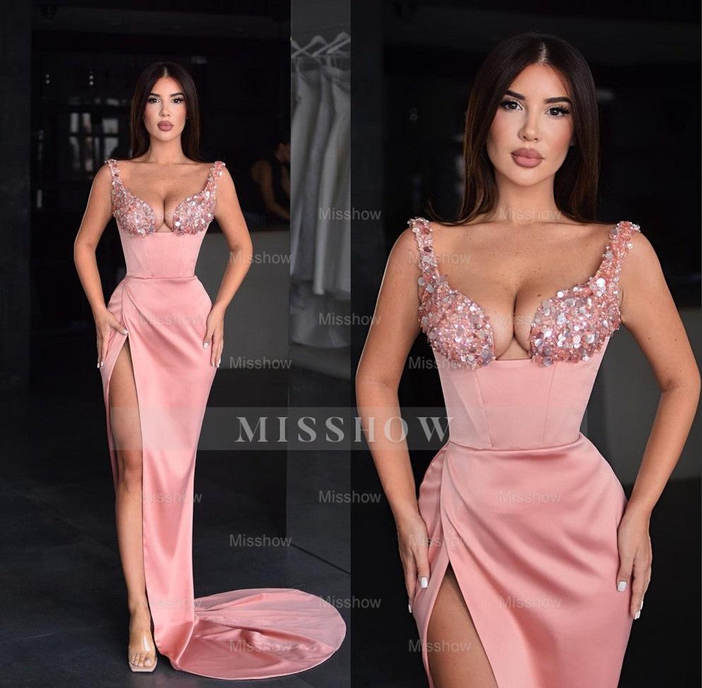 Pink Sweetheart Sleeveless Sequined Mermaid Satin Slit Floor Length Evening Gown