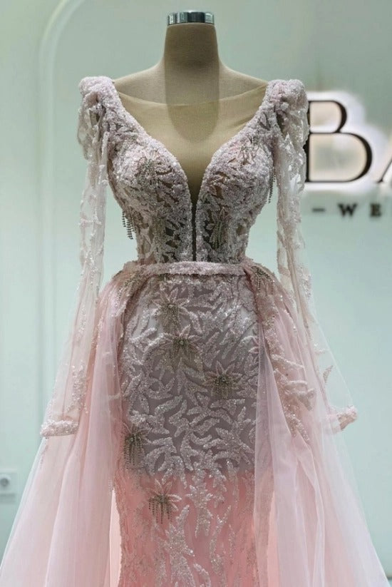 Pink V-Neck Long Sleeve Lace Appliques Beaded Mermaid Tulle Floor Formal Evening Gown