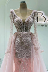 Pink V-Neck Long Sleeve Lace Appliques Beaded Mermaid Tulle Floor Formal Evening Gown