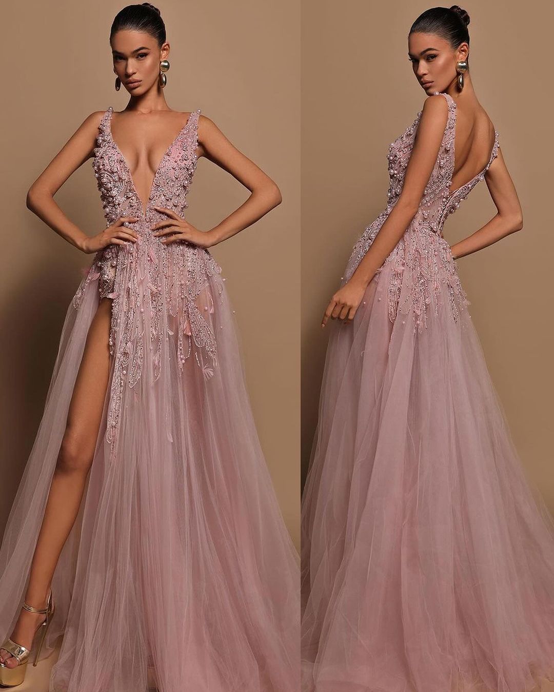 Pink V-Neck Sleeveless Beaded Appliques A-Line Tulle High Slit Floor Formal Evening Dress