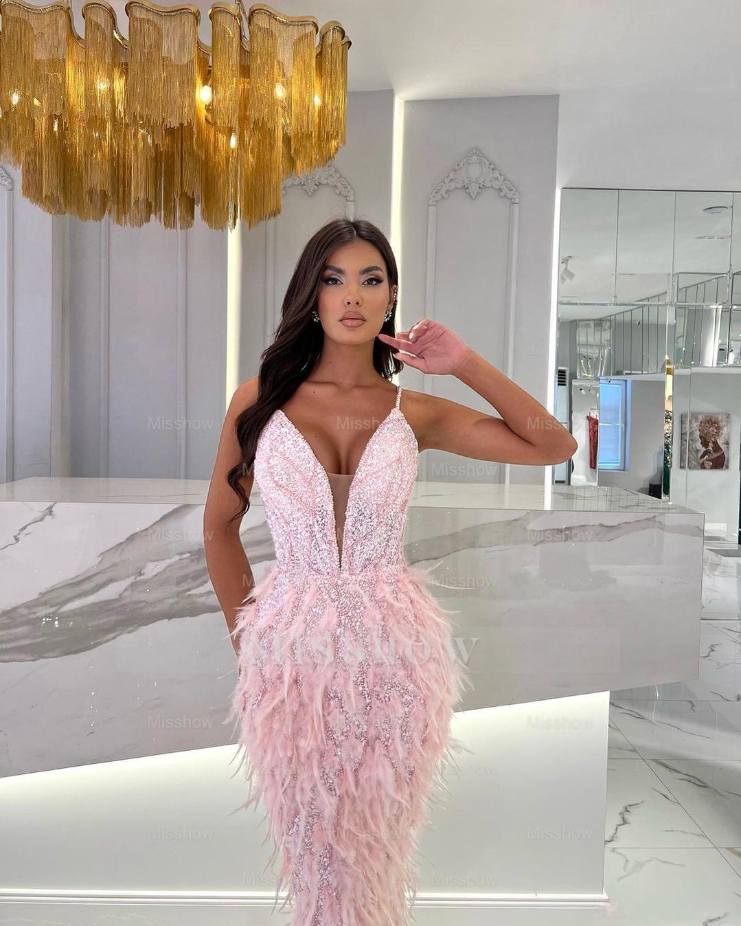 Pink V-Neck Sleeveless Sequined Mermaid Dress with Feathers Floor Formal Evening Gown
