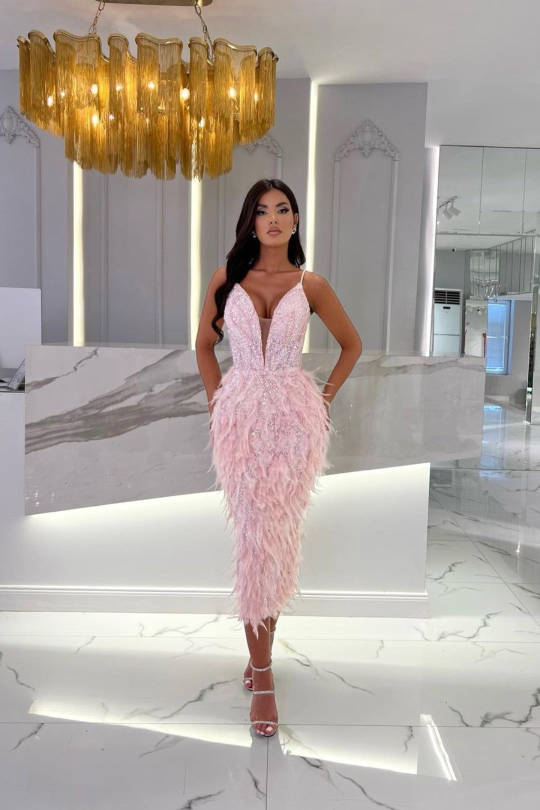 Pink V-Neck Sleeveless Sequined Mermaid Dress with Feathers Floor Formal Evening Gown