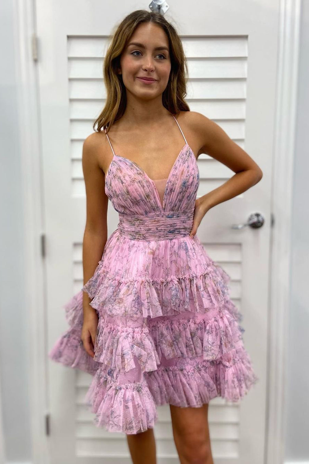 Pink V-Neck Spaghetti Straps Floral Printed Tulle Ruched Waistband Multi-Tier Ruffle Flared A-Line Short Homecoming Dress