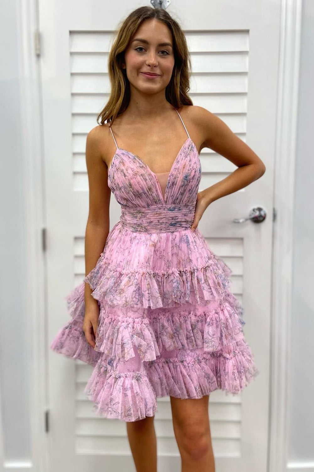 Pink V-Neck Spaghetti Straps Floral Printed Tulle Ruched Waistband Multi-Tier Ruffle Flared A-Line Short Homecoming Dress