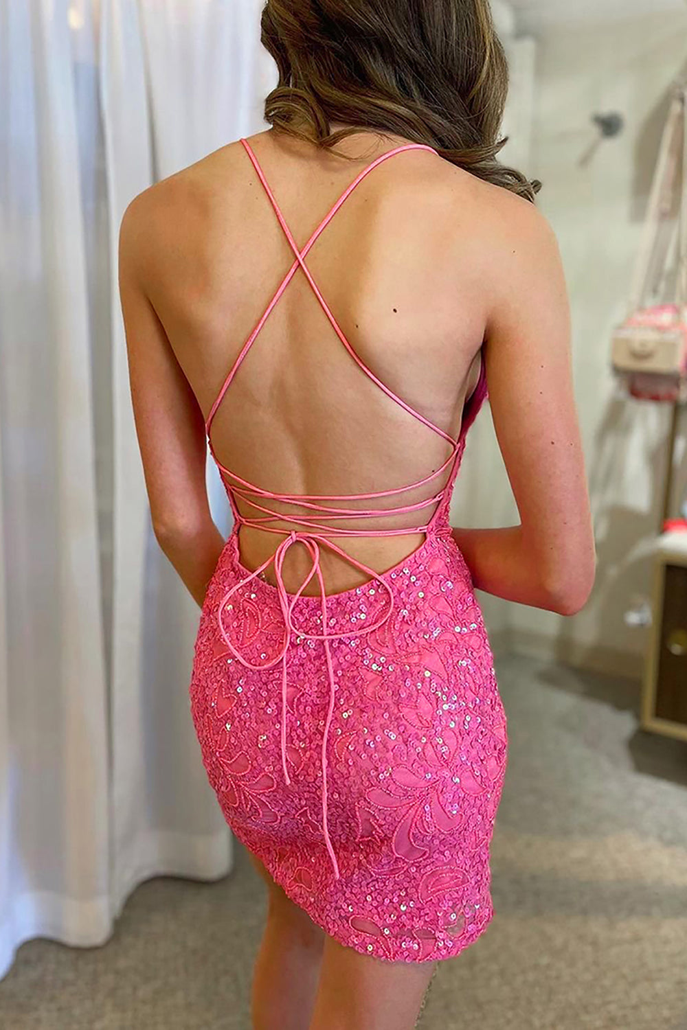 Pink V-Neck Spaghetti Straps Sequin Lace Criss-Cross Lace-Up Open Back Bodycon Homecoming Dress Mini