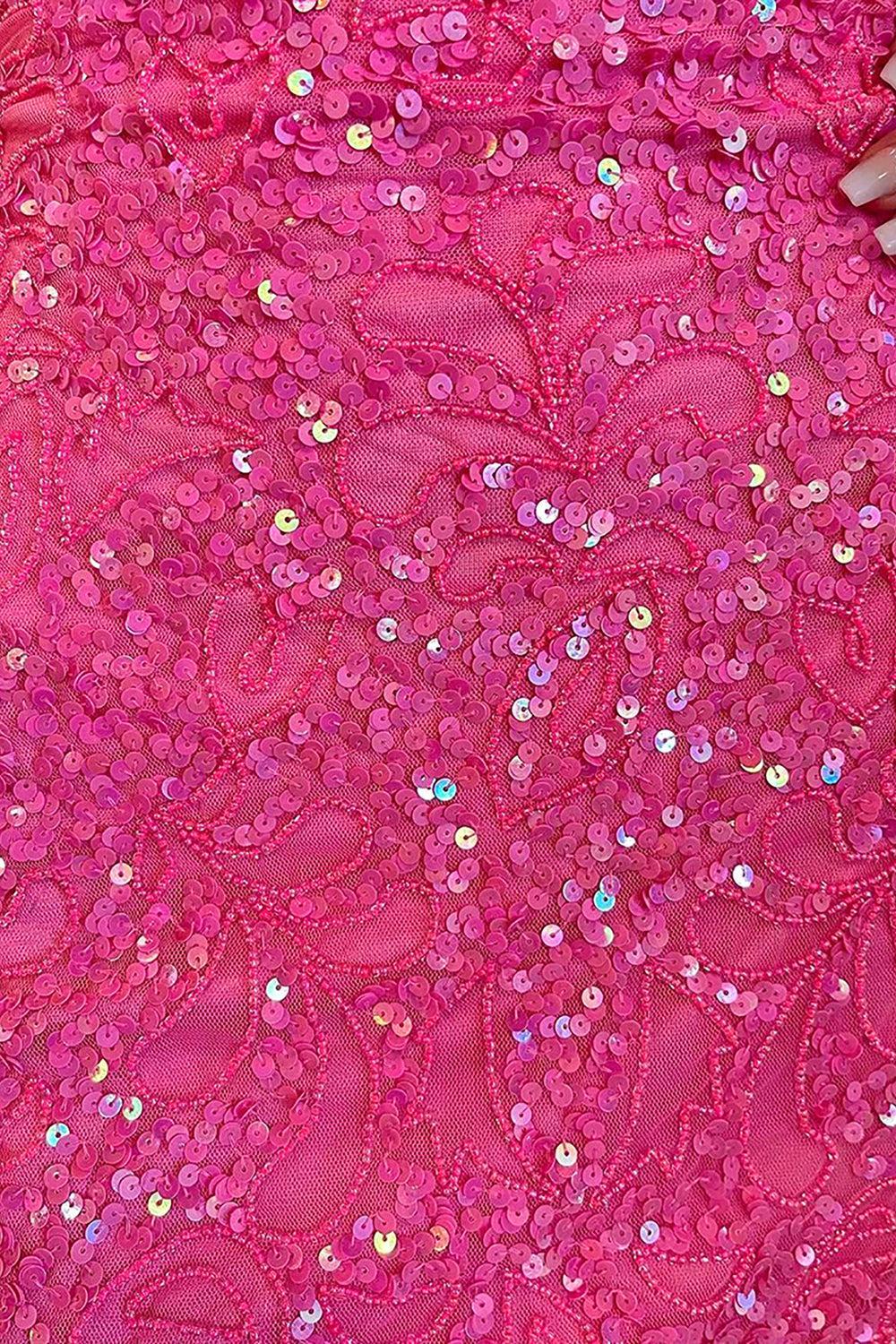 Pink V-Neck Spaghetti Straps Sequin Lace Criss-Cross Lace-Up Open Back Bodycon Homecoming Dress Mini