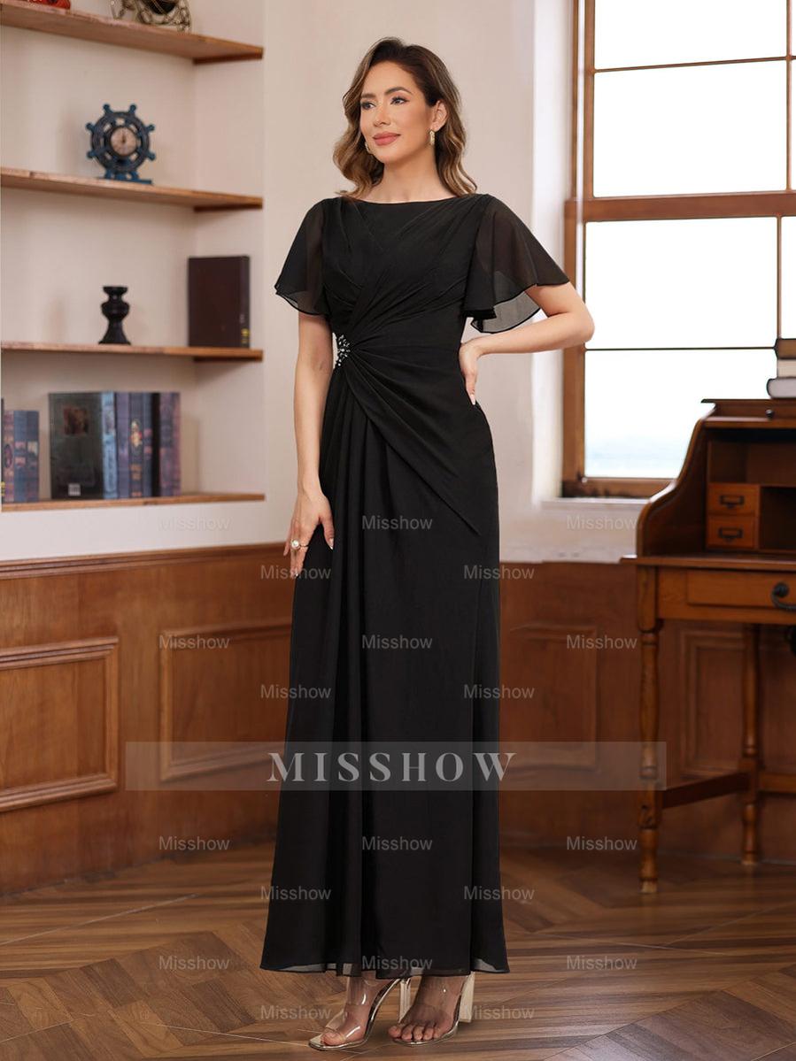 Pleated A-Line Mother of the Bride & Groom Dress with Scoop Neck Half Sleeves and Beadings