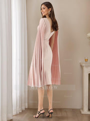 Pleated Long-Sleeve Tea-Length Sheath Dress for Mothers of the Bride & Groom