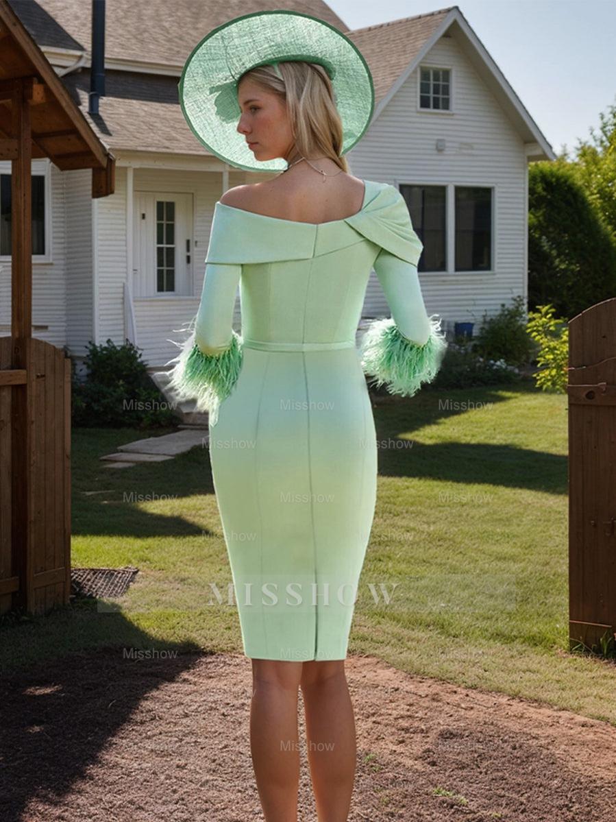 Pleated One-Shoulder 3/4 Sleeve Sheath/Column Dress with Feather for Mother of the Bride & Groom