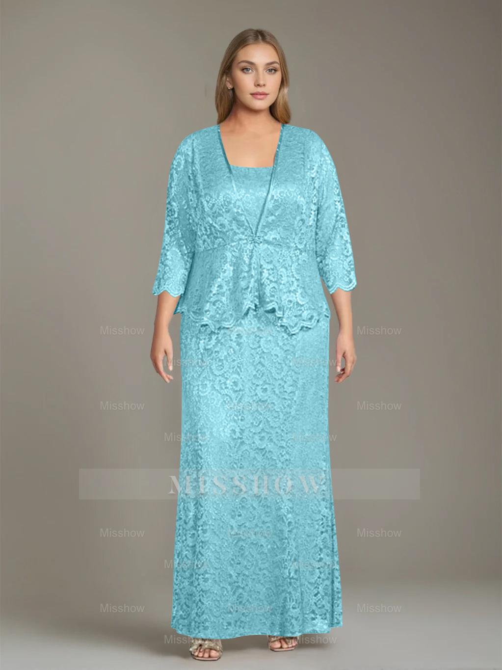 Plus Size 2-Piece Mother of the Bride Dress Set with Square Neck and Floor-Length Sheath