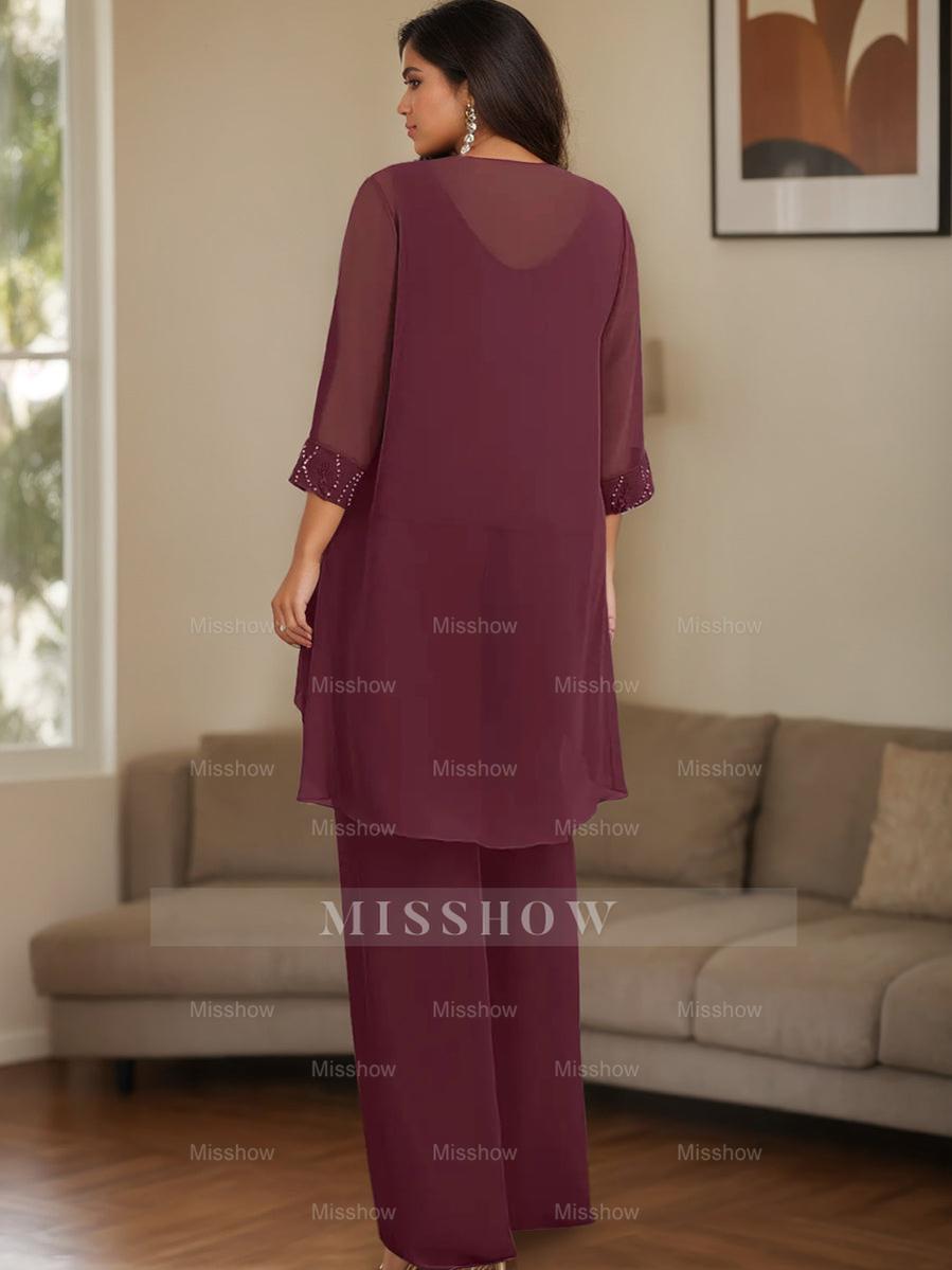 Plus Size 3-Piece Chiffon Pantsuit with Beaded Jacket Lace and Sequins for the Mother of the Bride