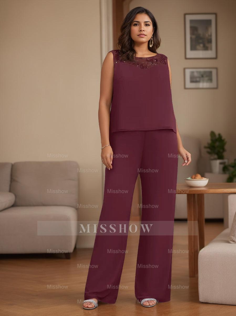 Plus Size 3-Piece Chiffon Pantsuit with Beaded Jacket Lace and Sequins for the Mother of the Bride