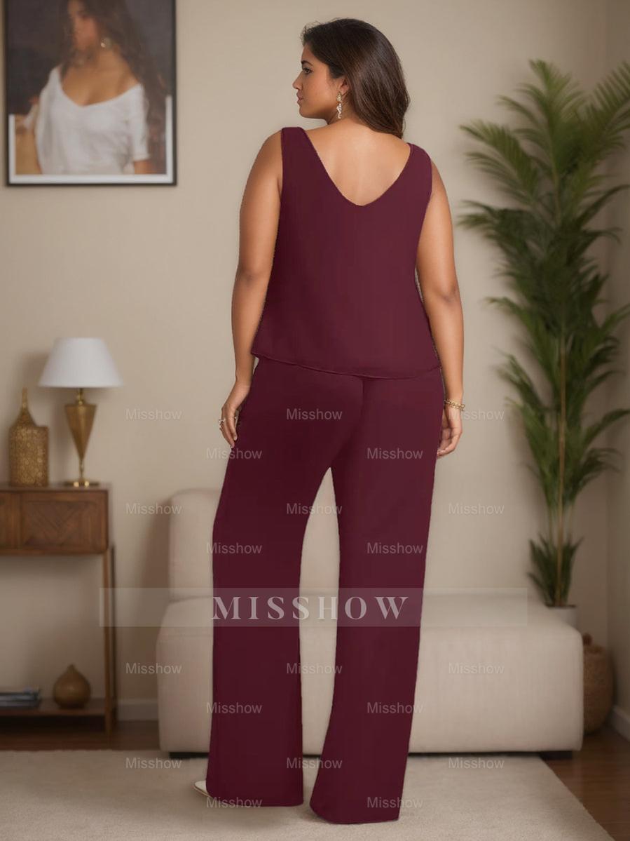 Plus Size 3-Piece Chiffon Pantsuit with Beaded Jacket Lace and Sequins for the Mother of the Bride