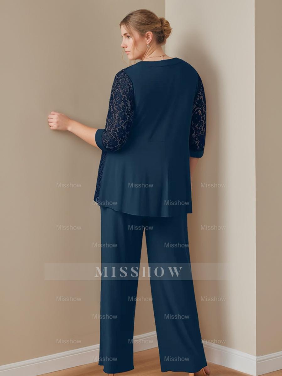Plus Size 3-Piece Chiffon Pantsuit with Scoop Neck 3/4 Sleeves and Floor-Length Jacket Featuring Pockets