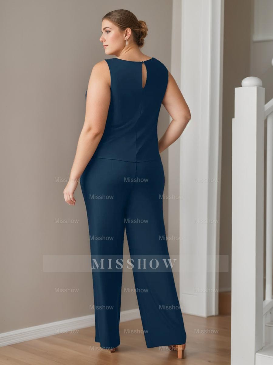Plus Size 3-Piece Chiffon Pantsuit with Scoop Neck 3/4 Sleeves and Floor-Length Jacket Featuring Pockets