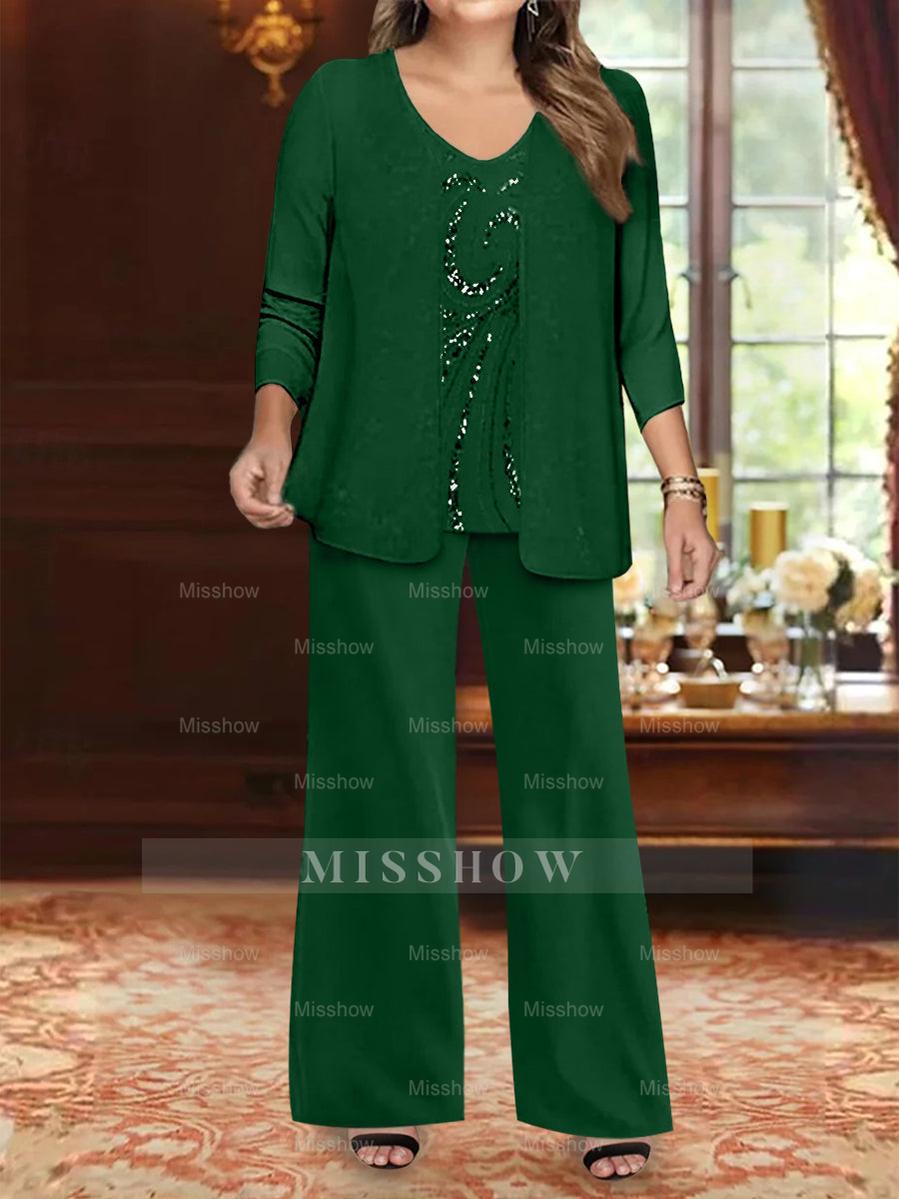 Plus Size 3-Piece Mother of the Bride Chiffon Pantsuit with V-Neck Floor-Length Jacket & Sequins