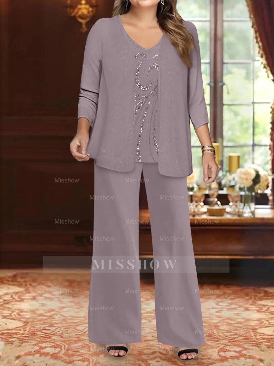 Plus Size 3-Piece Mother of the Bride Chiffon Pantsuit with V-Neck Floor-Length Jacket & Sequins