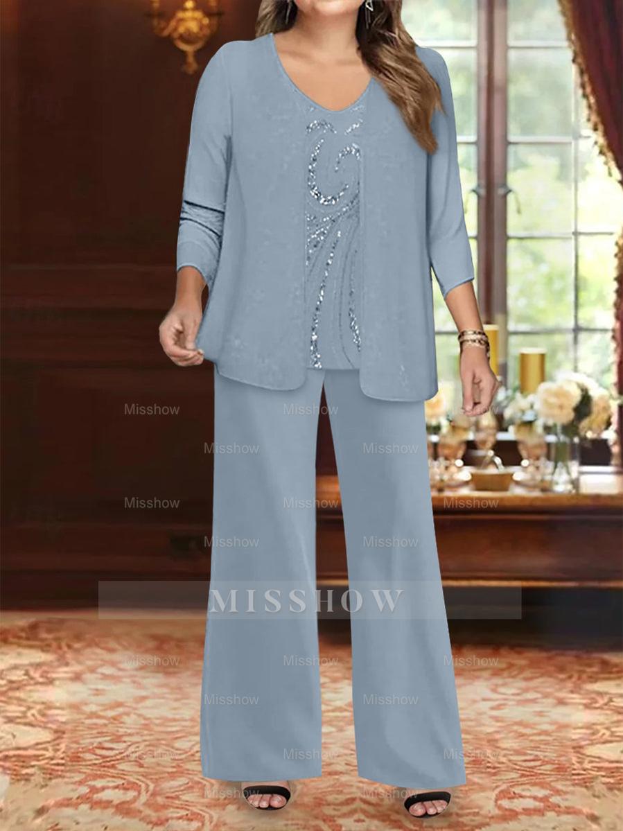 Plus Size 3-Piece Mother of the Bride Chiffon Pantsuit with V-Neck Floor-Length Jacket & Sequins