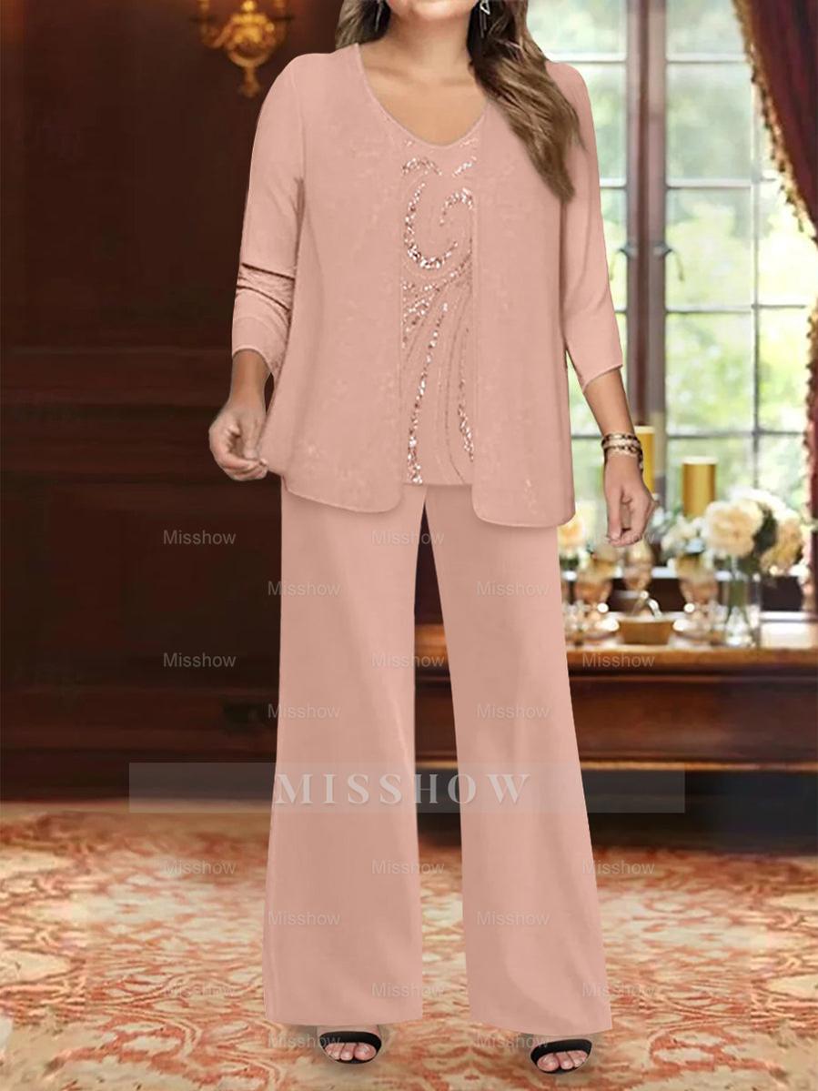 Plus Size 3-Piece Mother of the Bride Chiffon Pantsuit with V-Neck Floor-Length Jacket & Sequins