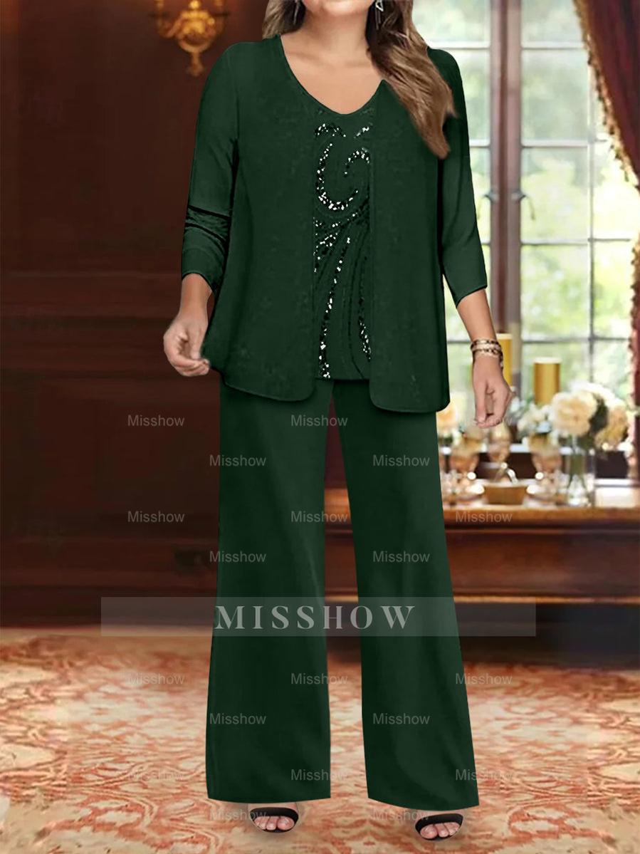 Plus Size 3-Piece Mother of the Bride Chiffon Pantsuit with V-Neck Floor-Length Jacket & Sequins