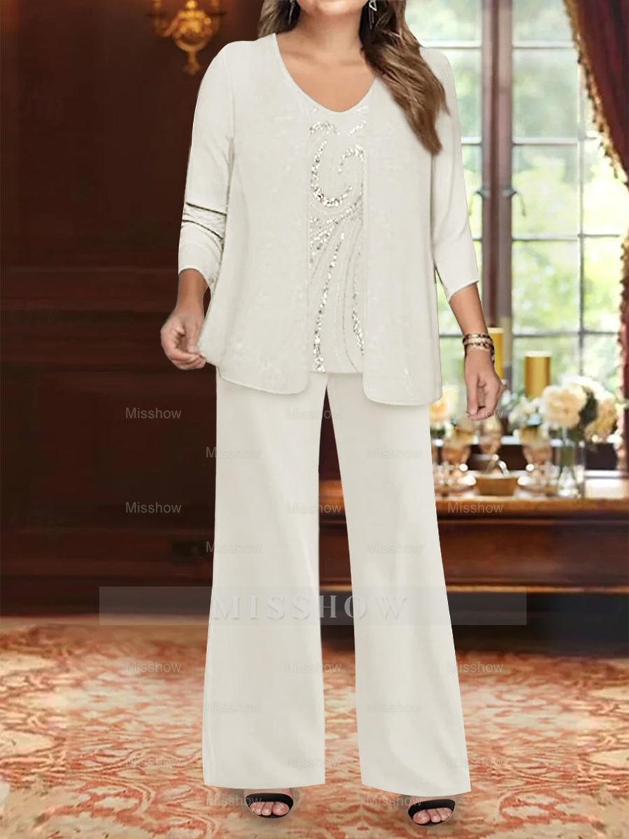 Plus Size 3-Piece Mother of the Bride Chiffon Pantsuit with V-Neck Floor-Length Jacket & Sequins