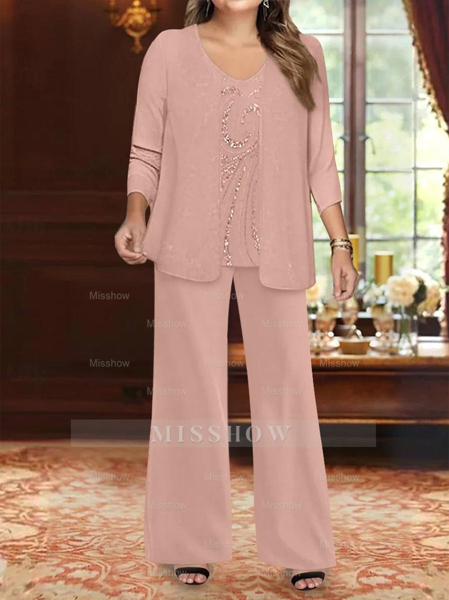 Plus Size 3-Piece Mother of the Bride Chiffon Pantsuit with V-Neck Floor-Length Jacket & Sequins