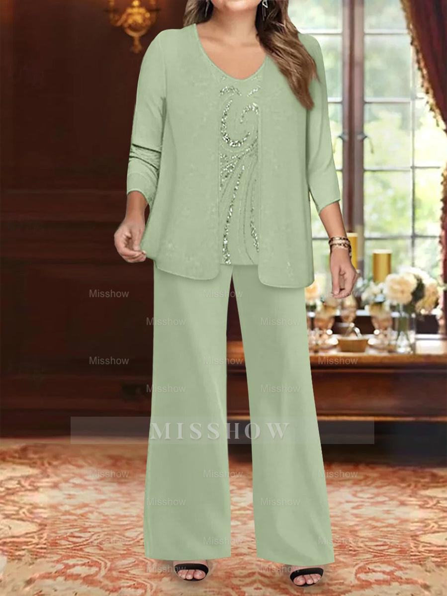 Plus Size 3-Piece Mother of the Bride Chiffon Pantsuit with V-Neck Floor-Length Jacket & Sequins