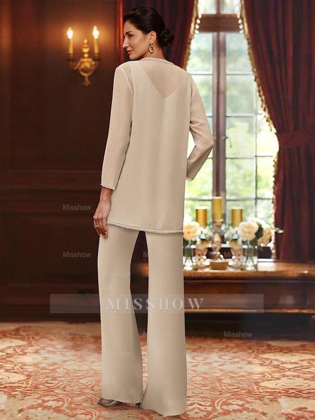 Plus Size 3-Piece Mother of the Bride Chiffon Pantsuit with V-Neck Floor-Length Jacket & Sequins
