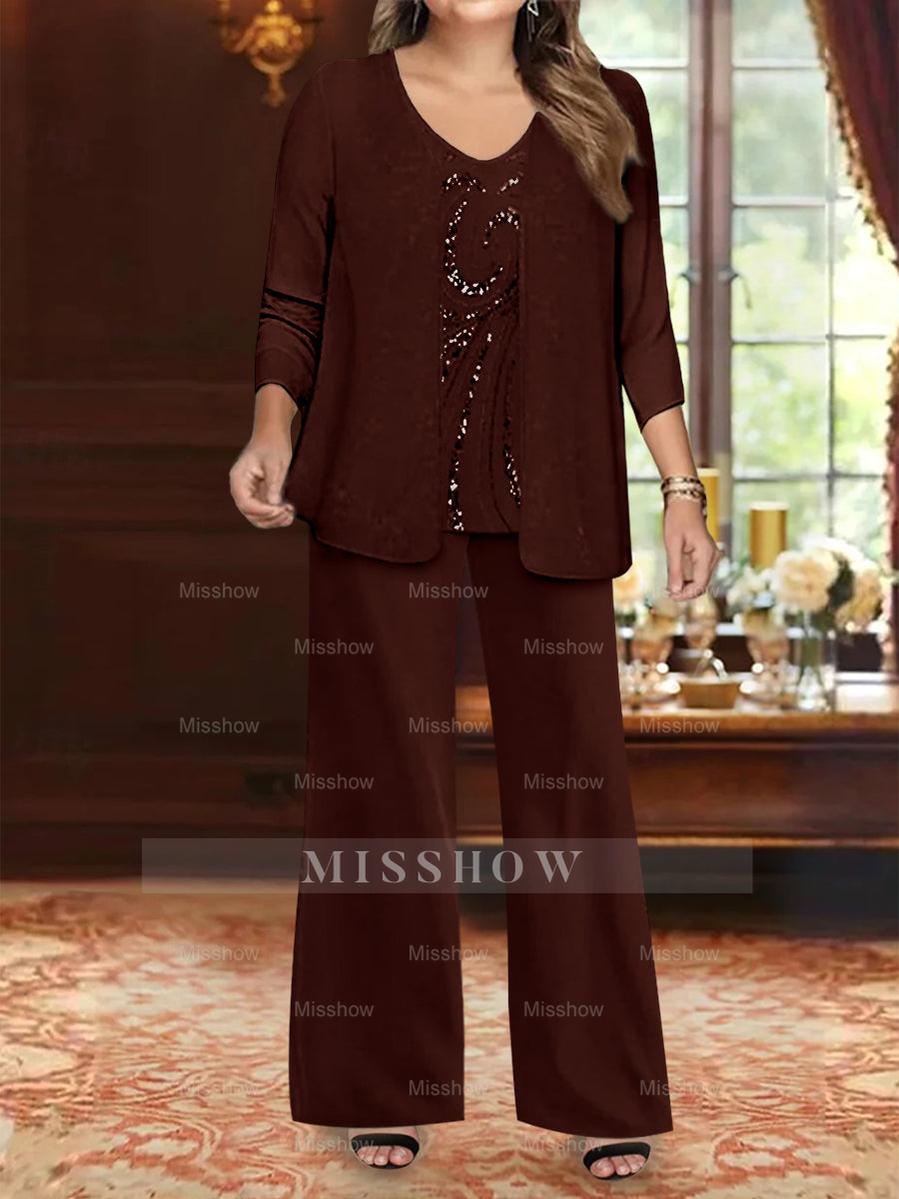 Plus Size 3-Piece Mother of the Bride Chiffon Pantsuit with V-Neck Floor-Length Jacket & Sequins