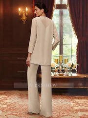 Plus Size 3-Piece Mother of the Bride Chiffon Pantsuit with V-Neck Floor-Length Jacket & Sequins
