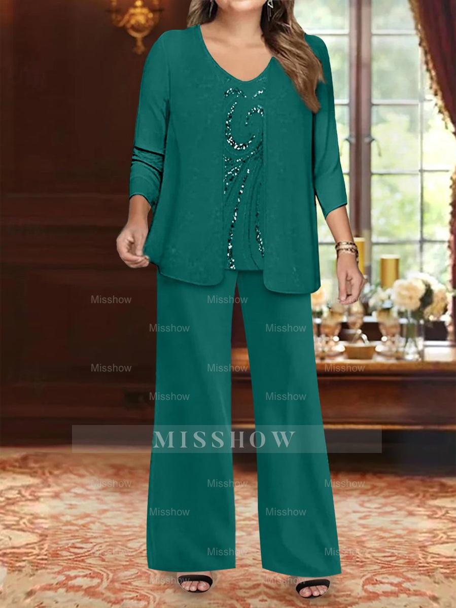 Plus Size 3-Piece Mother of the Bride Chiffon Pantsuit with V-Neck Floor-Length Jacket & Sequins