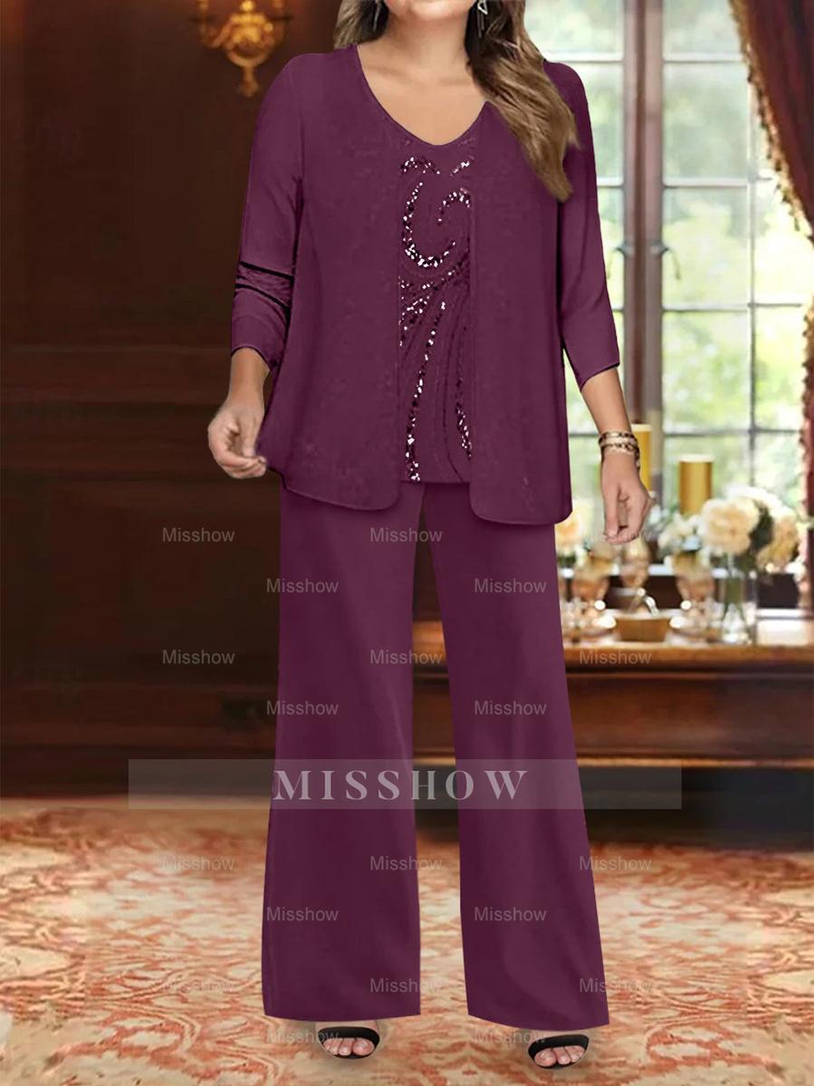 Plus Size 3-Piece Mother of the Bride Chiffon Pantsuit with V-Neck Floor-Length Jacket & Sequins