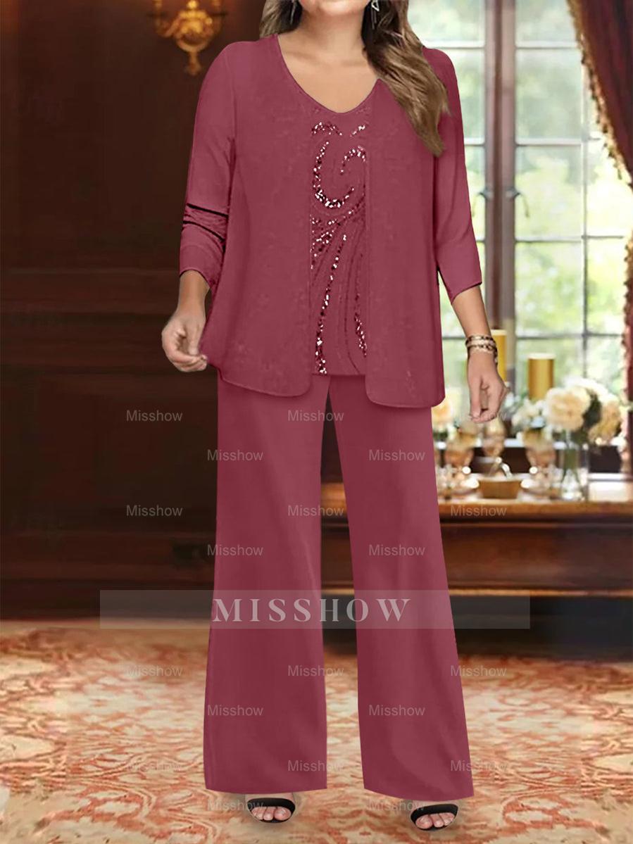 Plus Size 3-Piece Mother of the Bride Chiffon Pantsuit with V-Neck Floor-Length Jacket & Sequins