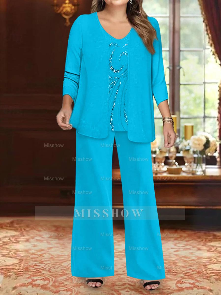 Plus Size 3-Piece Mother of the Bride Chiffon Pantsuit with V-Neck Floor-Length Jacket & Sequins