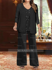 Plus Size 3-Piece Mother of the Bride Chiffon Pantsuit with V-Neck Floor-Length Jacket & Sequins