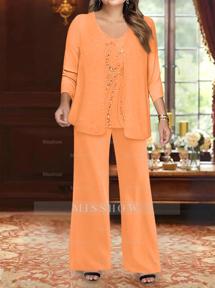 Plus Size 3-Piece Mother of the Bride Chiffon Pantsuit with V-Neck Floor-Length Jacket & Sequins