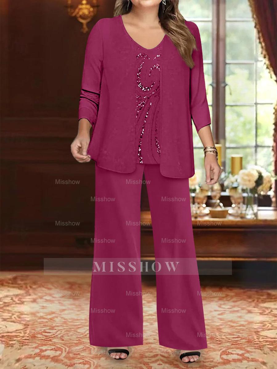 Plus Size 3-Piece Mother of the Bride Chiffon Pantsuit with V-Neck Floor-Length Jacket & Sequins