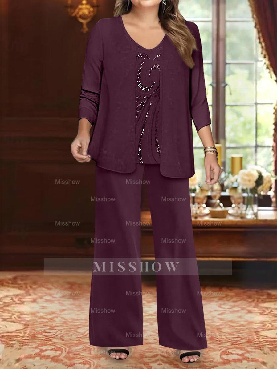 Plus Size 3-Piece Mother of the Bride Chiffon Pantsuit with V-Neck Floor-Length Jacket & Sequins