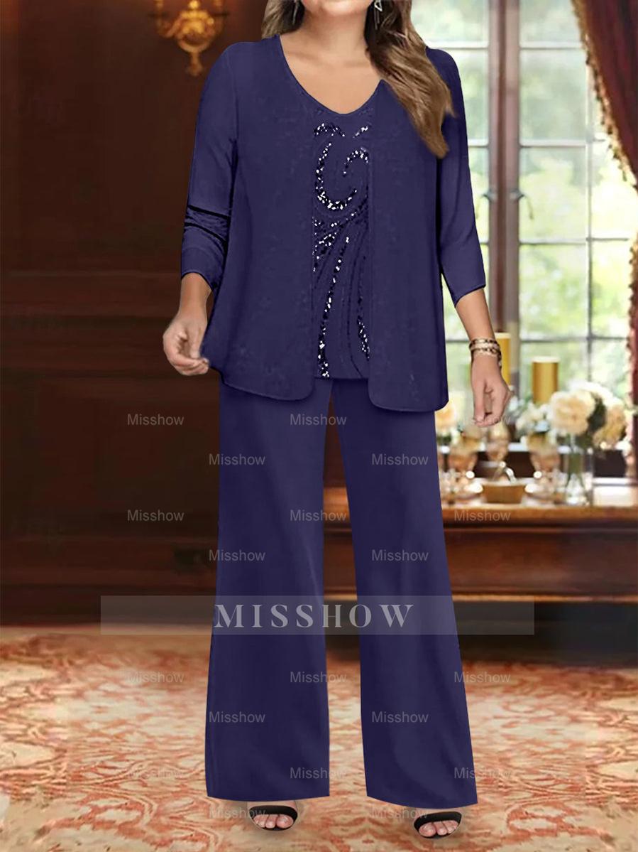 Plus Size 3-Piece Mother of the Bride Chiffon Pantsuit with V-Neck Floor-Length Jacket & Sequins
