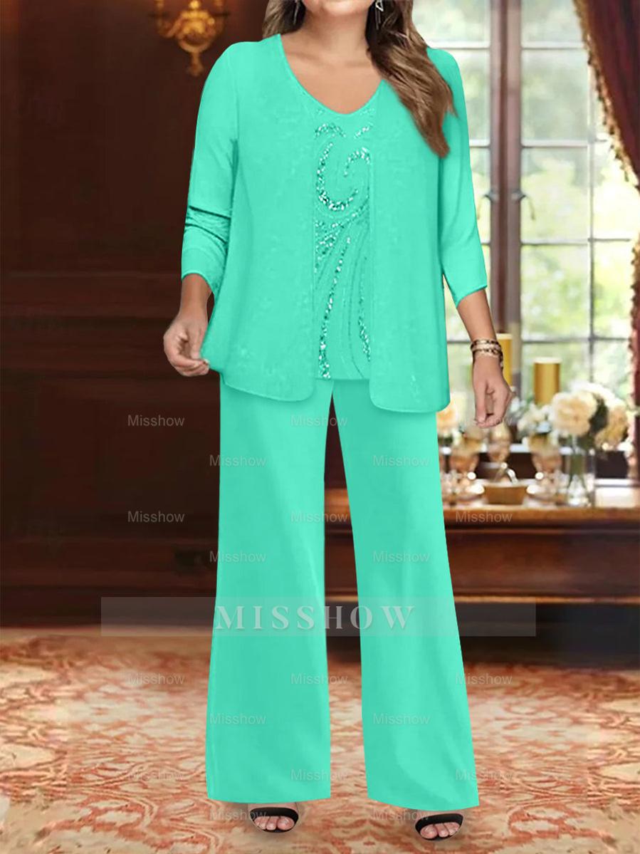 Plus Size 3-Piece Mother of the Bride Chiffon Pantsuit with V-Neck Floor-Length Jacket & Sequins