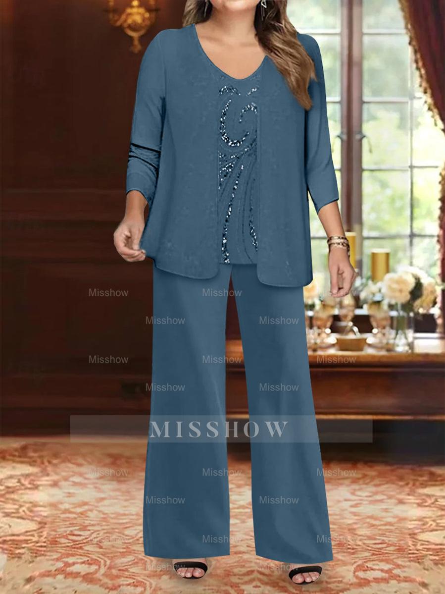 Plus Size 3-Piece Mother of the Bride Chiffon Pantsuit with V-Neck Floor-Length Jacket & Sequins