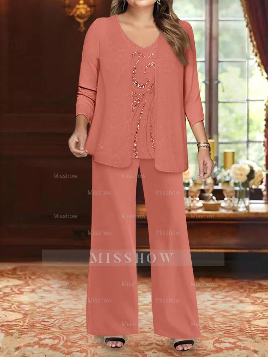Plus Size 3-Piece Mother of the Bride Chiffon Pantsuit with V-Neck Floor-Length Jacket & Sequins