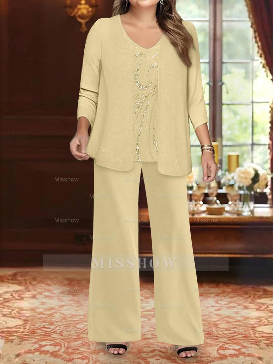 Plus Size 3-Piece Mother of the Bride Chiffon Pantsuit with V-Neck Floor-Length Jacket & Sequins