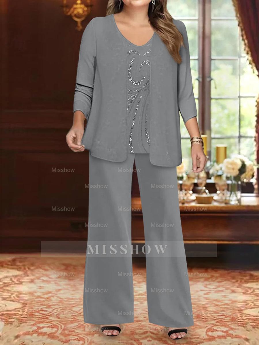 Plus Size 3-Piece Mother of the Bride Chiffon Pantsuit with V-Neck Floor-Length Jacket & Sequins