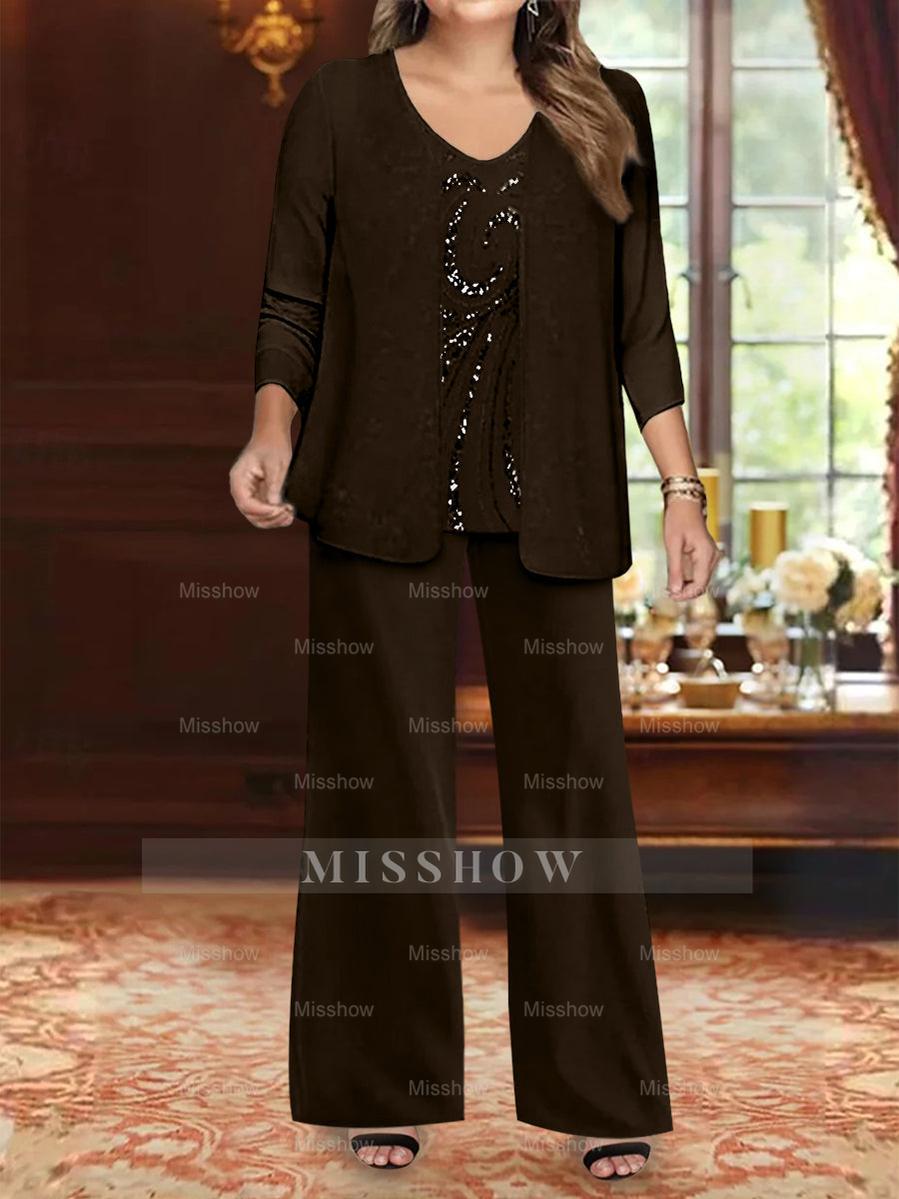 Plus Size 3-Piece Mother of the Bride Chiffon Pantsuit with V-Neck Floor-Length Jacket & Sequins